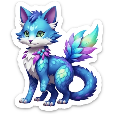 Kawaii iridescent beautiful pretty elegant divine edgy fantasy feline-vernid-sergal-Fakémon-Pokémon-fursona-animal-creature with accessories, full body, with intricate detailed markings sticker