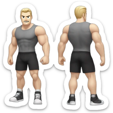 Angry Pale skinned Fit Man With the biceps and dark brown hair in black shirt, gray sports shorts and white Sneakers sticker