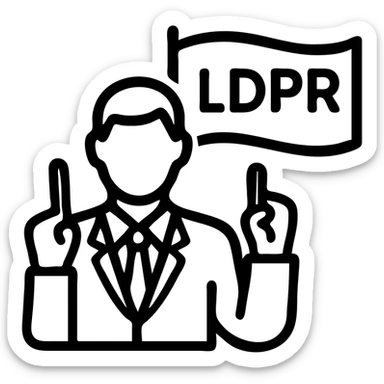 A man holding up his finger, in a suit, blue flag with yellow LDPR lettering on the back sticker