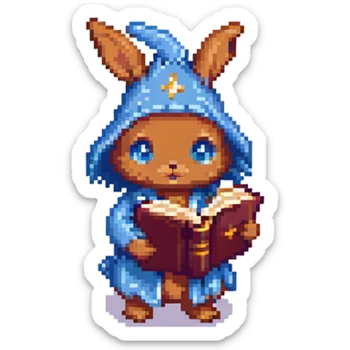 wizard baby bunny with a magical book, pixel art style sticker