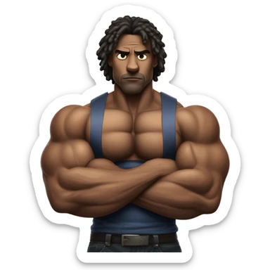 A hyper-muscular man with veins prominently visible across his arms and chest. The individual has an exaggerated physique, with massive arms crossed over a well-defined six-pack, creating a surreal and intense visual. sticker