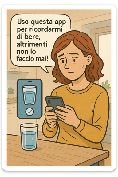 Donna che usa App per ricordarsi di bere, altrimenti non beve mai testo in italiano sticker