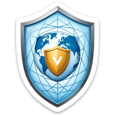 A secure VPN logo with shield, network connections and a globe sticker