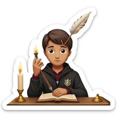 "Thinking face emoji 🤔 as a thoughtful wizard in Hogwarts library, scratching head with quill, surrounded by floating books and candles, detailed digital art in Harry Potter style, puzzled expression, magical atmosphere."
 sticker