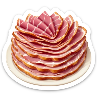 dry-cured ham one or two thin folded slices deep pink to red white fat streaks silky translucent marbled natural folds curls creamy integrated fat no bread fruit plate no faces clean 3D soft shadows transparent background emoji scale sticker