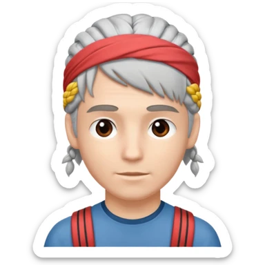 young climber man with white/grey braided hair and headband sticker