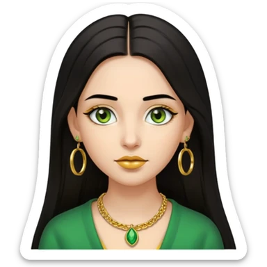 emoji of a girl with long straight dark hair below shoulders, center parting, very thick black eyebrows, full lips, green eyes with yellow gold center, wearing gold hoop earrings and gold necklace sticker