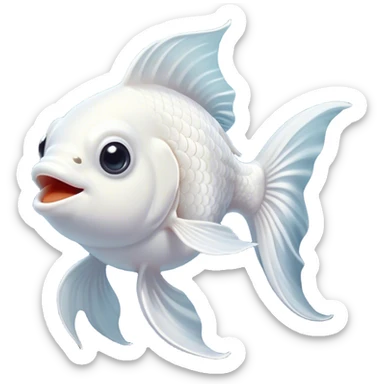 Cinematic Comical White Goldfish Portrait Emoji, Head tilted dramatically with an exaggeratedly amused expression, featuring a striking, glossy pure white body with elegantly fluttering fins, wide, expressive pale eyes filled with playful disbelief, Simplified yet hilariously expressive features, highly detailed, glowing with a slightly sassy glow, high shine, dramatic yet playful, stylized with an air of cheeky mischief, bright and endearing, soft glowing outline, capturing the essence of a spirited and over-the-top goldfish, so meme-worthy it feels like it could side-eye its way into internet fame instantly! sticker