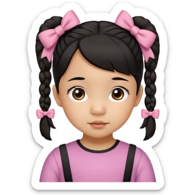 mixed 1 year old girl asian and american with short pigtails and cute bows i dark brown/black hair with big brown eyes emoji sticker