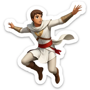An icon featuring a hero performing a leap of faith from a tower in Florence, inspired by adventure games like Assassin's Creed. The design captures the dramatic moment mid-air, with detailed architecture and a bustling city below. Transparent background sticker