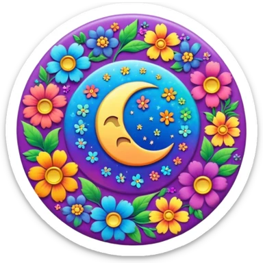 A round psychedelic colored button with a rainbow colored damask style moon and hippie flowers in the center sticker