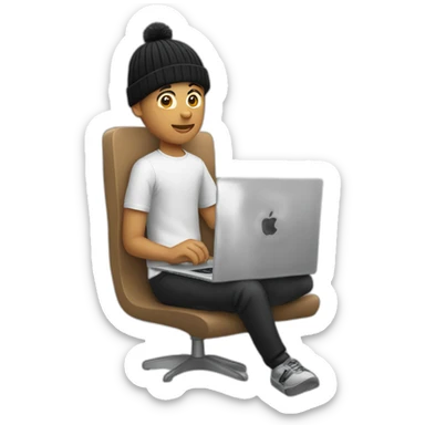 tech white guy with black beanie holding a apple laptop in the lap sticker