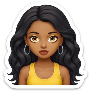 a pretty bratz dusky girl with long wavy black hair, kajal under eyes, yellow tank top sticker