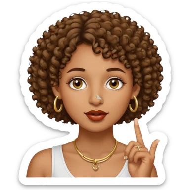 faça uma mulher com o cabelo curtinho cacheado com piercing no nariz e brincos e o dedo indicador no canto da boca morena sticker