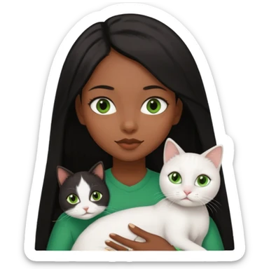 black girl with brown eyes with straight long black hair with a side part.  holding a female white cat. the cat has green eyes sticker