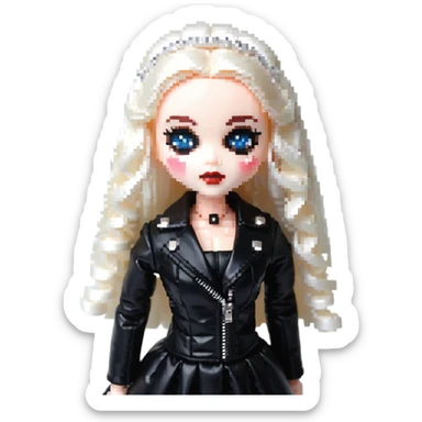 Chucky's bride doll wearing a black dress and black leather jacket, with dark makeup sticker