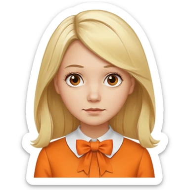 long blond hair not smiling woman with orange blouse bow collar sticker