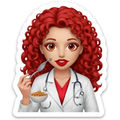 Sensual Spanish Lilith core evil surgeon.red outfit.  Surgeon has red eyes. Her hair is brown long and  curly. wearing a sexy surgeon outfit with platform heels.she is a calculated smart cereal killer. She covers only her mouth and nose to hide identity  sticker