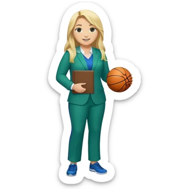 Full Body white plus size female basketball head coach using a clipboard with long blonde hair in a blue and green suit smiling with basketball and clipboard sticker