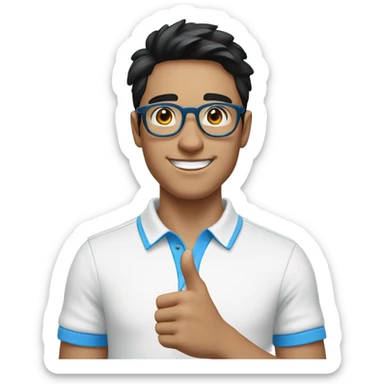 happy young man in his 20s, with black hair, blue eyes and light blue round glasses, white polo shirt with blue collar, pointing with his finger to the side sticker