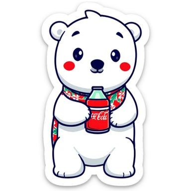 polar bear in a colorful Hawaiian shirt with Coke bottle pattern, sipping Coca-Cola sticker