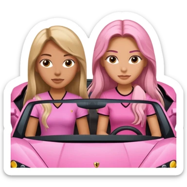 Make car far away so I can see full car Car facing forward in sports car. Make hair long  One girl isFront of car sitting in the seats. Make it a pink sports car. They are two baddies make it a Lamborghini pink car  sticker