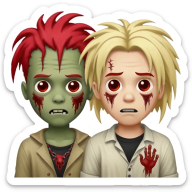 make two zombie boys, one with dreadlocks half blonde and half black, short, and the second with dreadlocks also with red roots, and hair reaching the shoulders  sticker