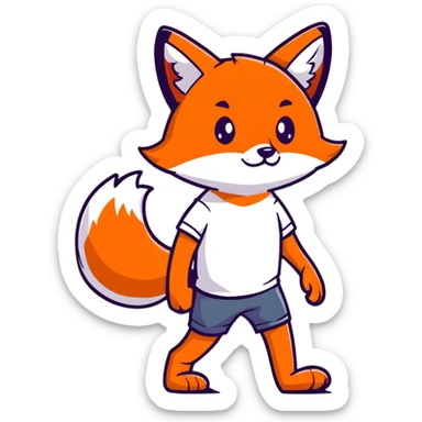 retro 1930s anthropomorphised fox in a t-shirt and shorts walking black and white sticker