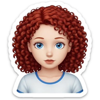 generate a young girl with dark red curly hair, blue eyes. in white top  sticker