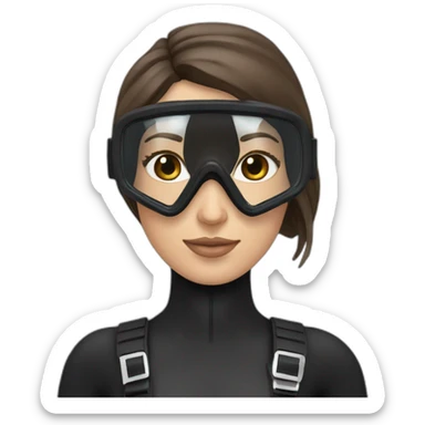 a woman with an a black scubadiver suit. she wear a pink diving mask, she had blue eyes inside the dive mask. brown long and straight hair sticker