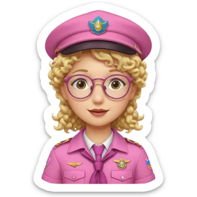 scout girl with pink scout uniform including hat, blonde curly haired and glassess sticker