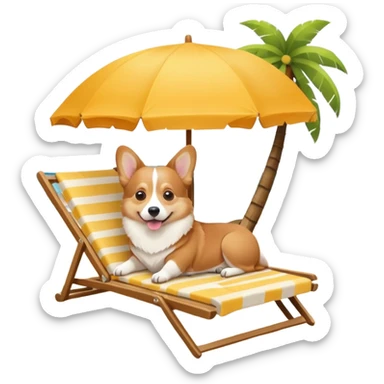 a corgi dog laied on a beach chair, a sunny beach, a sun umbrella, and beach coconut trees. the icon should capture the essence of a relaxing beach vacation with a carefree atmosphere sticker