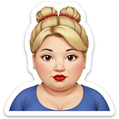 An overweight woman with a double chin dirty blonde hair in a messy bun with red lipstick sticker