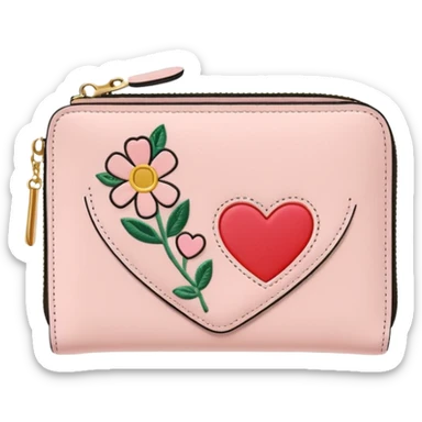 Pale Pink cute Wallet with heart charm, credit cards inside and flowers growing embroidered on it, clean aesthetic, letter R charm on it sticker