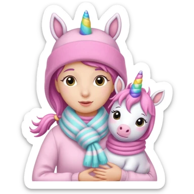 Una cebra bebé con una mamá unicornio abrigados, bufanda y gorro, estilo infantil muchos colores tonos pastel sticker
