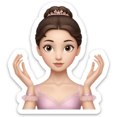 Cinematic Realistic ballerina Portrait, depicted with lifelike skin texture, subtle rosy undertones, and soft natural lighting that enhances the gentle contours of her face. Her intricately detailed sweet brunette hair is elegantly styled, sticker