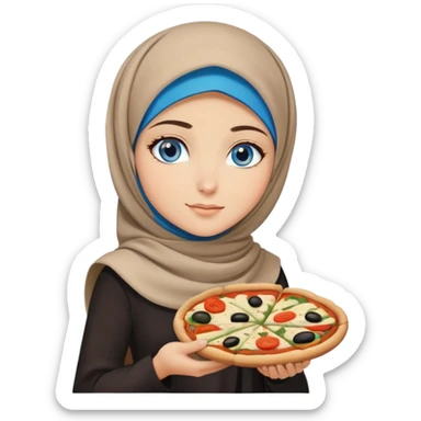 Turkish beautiful finish Konya girl blue eyes with beige and black hijab islamic dress and had on her hand a slice of pizza vegetable pizza  sticker