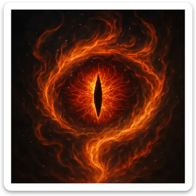 the Eye of Sauron, in a mystical, magical aura, surrounded by swirling flames sticker