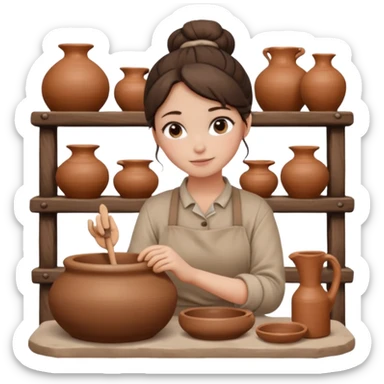 Brunette girl with a bun, behind the potter's wheel, wearing neutral clothing sticker