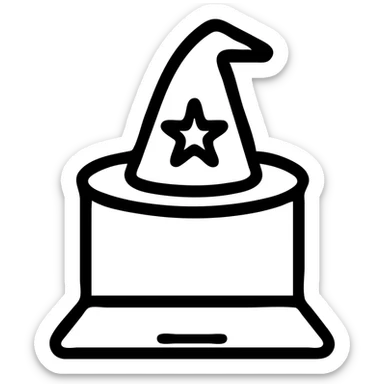 minimalistic logo of a wizard hat above a simple laptop, clean lines, monochrome, modern tech feel sticker