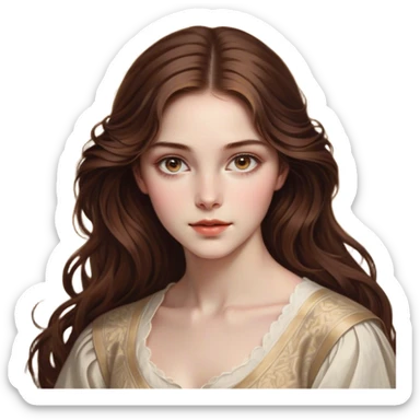 Cinematic Realistic Belle Portrait, depicted with lifelike skin texture, soft natural lighting, and intricately detailed brown hair styled elegantly. Her deep, expressive eyes exude warmth and intelligence, complemented by a serene and graceful expression. She is dressed in her classic attire, with rich fabric textures and delicate folds that catch the light beautifully. The portrait features a soft, enchanting glow with a natural, radiant finish, capturing the essence of timeless beauty in a realistic and painterly style, evoking a sense of depth and authenticity. sticker