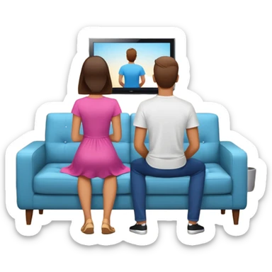 A man and a women photographed from behind, sitting on a sofa and watching the news on TV on a modern flat screen. The setting is a living room. sticker