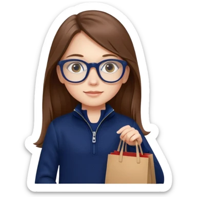 A little girl (he usually calls her baby), who is obsessed with shopping and luxury brands and holds a dozen of bags, she wears navy blue half zip sweater and holds 10 bags and she has long brown hair with Prada eyeglasses  sticker