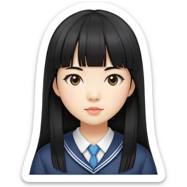 Asian schoolgirl with straight black hair, long length, and blunt bangs sticker