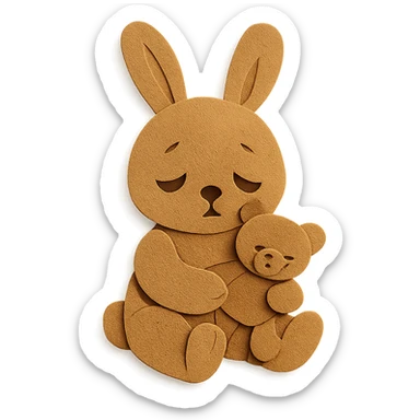 flawless, highly detailed, high quality paper craft style illustration of a caramel-colored bunny holding a teddy bear, eyes drooping, perfect proportions, no imperfections, intricate textures, soft lighting, delicate cut-paper details sticker