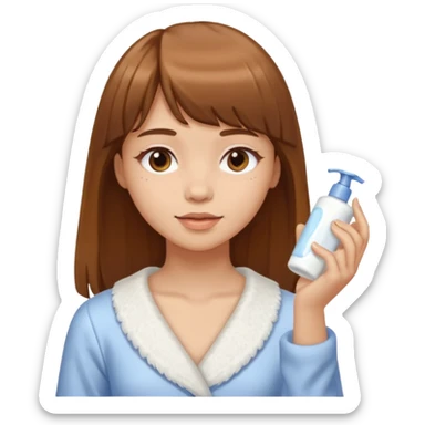 a girl with light skin and medium brown long hair with bangs who is applying lotion to her body sticker