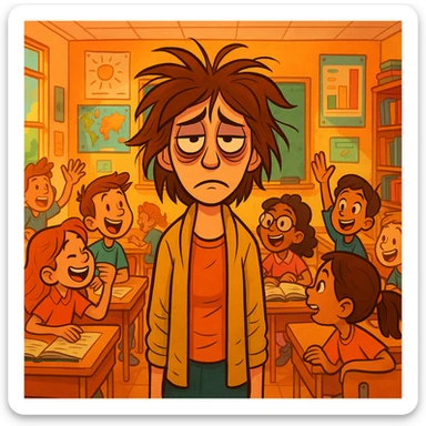 digital cartoon art of a exhausted teacher in a bustling classroom sticker