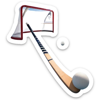 A ball and hockey stick resting on an ice rink, with the goalposts and clear markings in the background. The scene captures the unique nature of field hockey with a ball on ice, emphasizing the speed and precision of the sport in a cold, competitive atmosphere. sticker