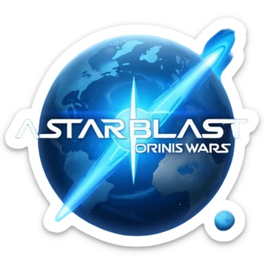 The image is a sci-fi poster with glowing blue text that reads “ALPHA ORIONIS WARS.” A bright blue planet or star glows at the bottom, and the word “STARBLAST” appears below. The design has a futuristic, space-themed look. sticker