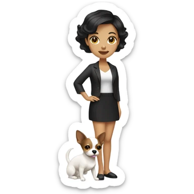 Wavy dark brown short hair Filipino lady with Chihuahua black and white. sticker